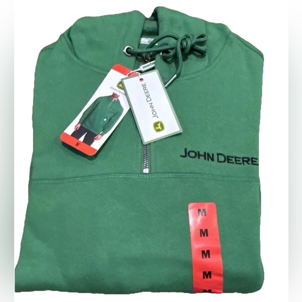 John Deere Men's Quarter Zip Hoodie Heavyweight Cotton Pullover Medium NWT Green